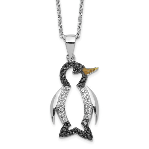 Cheryl M Sterling Silver Rhodium-plated with Black Rhodium Accent Enameled Brilliant-cut Black and White Cubic Zirconia Penguin 18 Inch Necklace