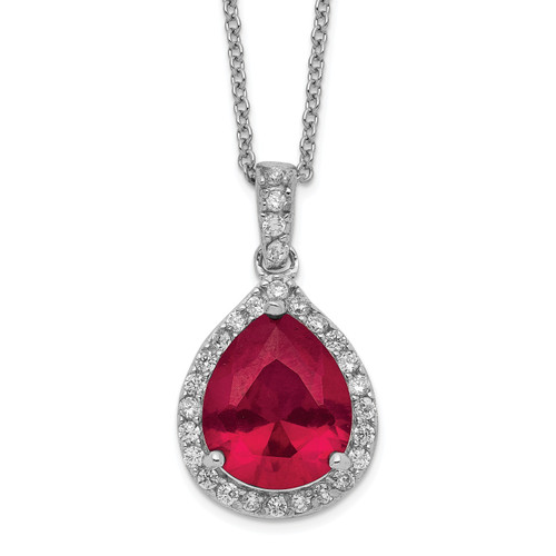 Cheryl M Sterling Silver Rhodium-plated Brilliant-cut Lab Created Ruby and Brilliant-cut White Cubic Zirconia Teardrop Halo 18 Inch Necklace