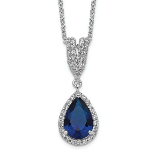 Cheryl M Sterling Silver Rhodium-plated Brilliant-cut Lab Created Dark Blue Spinel and Brilliant-cut White Cubic Zirconia Teardrop Halo 18 Inch Necklace