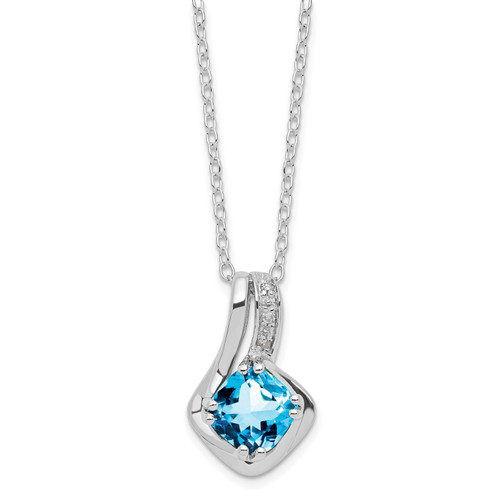 SS Cushion Checkerboard Blue Topaz & Diamond Pend Necklace