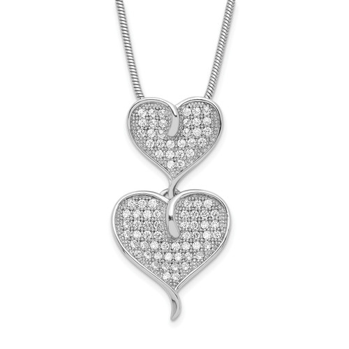 Sterling Silver & Cubic Zirconia Brilliant Embers Polished Double Heart Necklace