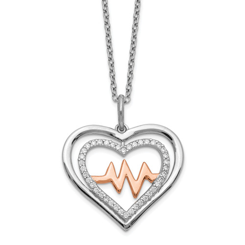 Sterling Silver RH-plated Rose-tone Cubic Zirconia Heartbeat with 2in ext Necklace