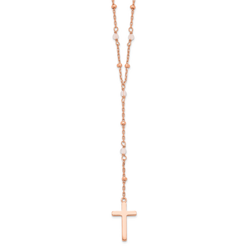 Sterling Silver Rose-tone Rose Quartz Beaded Cross with 2 in ext. Necklace