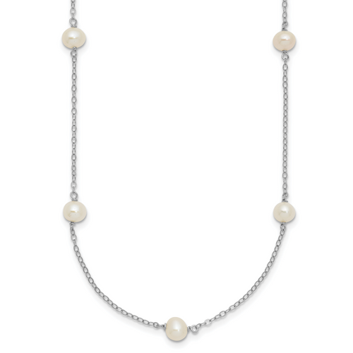 Sterling Silver Rh-plated 5-6mm Freshwater Cultured Pearl Necklace