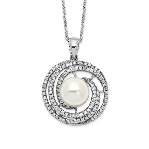 Sterling Silver Majestik Rh-plated 10-11mm Imitat Shell Pearl Cubic Zirconia Necklace
