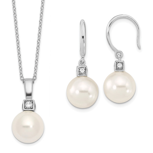 Majestik Sterling Silver Rhodium-plated 10-11mm White Imitation Shell Pearl and Cubic Zirconia Earrings and Spring Ring Clasp 17 inch Necklace Set