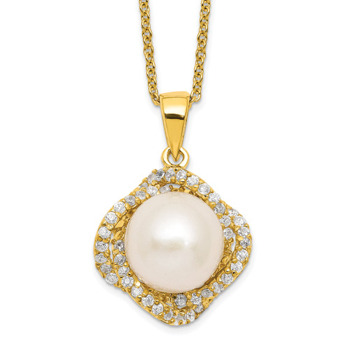 Sterling Silver Gold-plated Fancy Gallery FWC Button Pearl & Cubic Zirconia Necklace