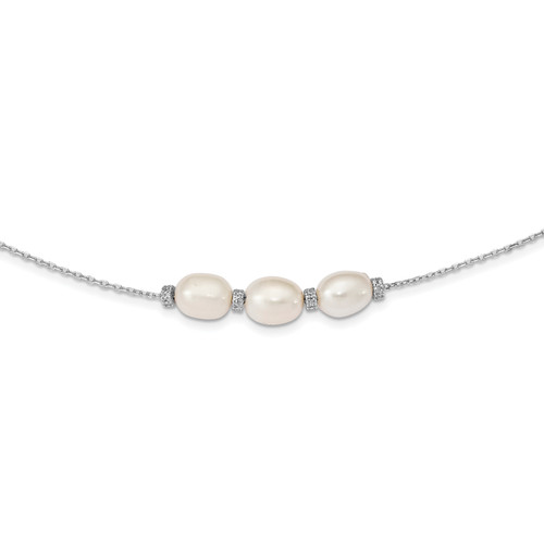 Sterling Silver Rhodium-plated Cubic Zirconia Bead/FWC Pearl with  2in ext. Necklace
