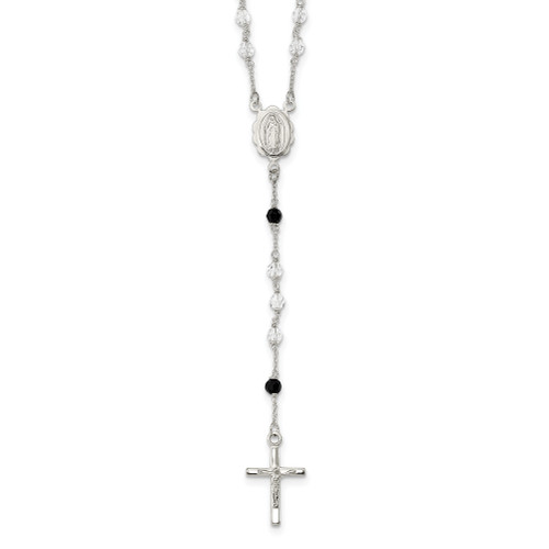 Sterling Silver Polished and Black Crystal Bead Rosary 23.5 inch Necklace