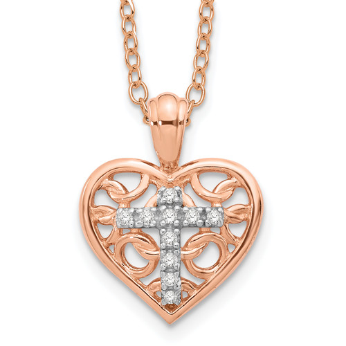 Sterling Silver and Rose-tone with Diamond Cross In Heart Necklace
