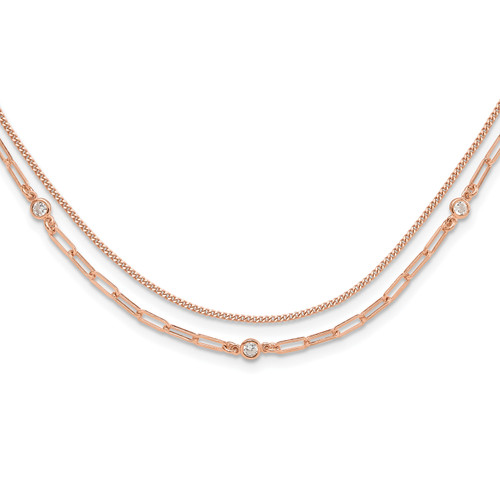 Sterling Silver Rose Gold-plated Cubic Zirconia 2 Strand 17in with 2in ext. Necklace