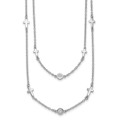 Leslie's Sterling Silver Rhod-pl Cubic Zirconia Cross Multi-strand with  2in ext. Necklace