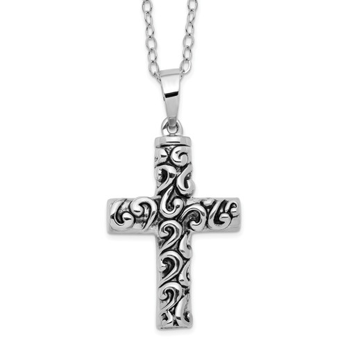 Sentimental Expressions Sterling Silver Rhodium-plated Antiqued Cross Remembrance Ash Holder 18 Inch Necklace