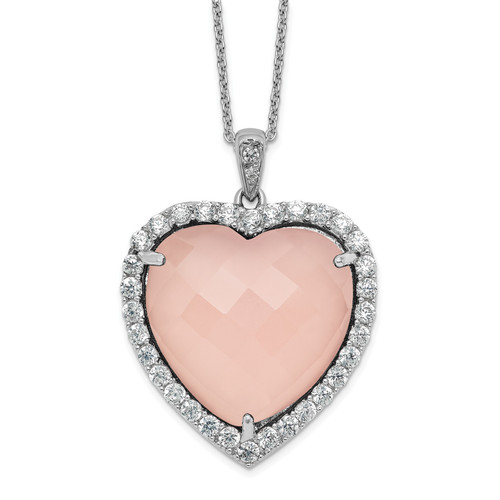 Sterling Silver Rhodium Plated Cubic Zirconia and Pink Chalcedony Heart Necklace