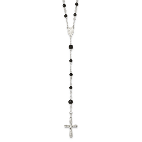 Sterling Silver Polished Black Onyx Rosary Necklace