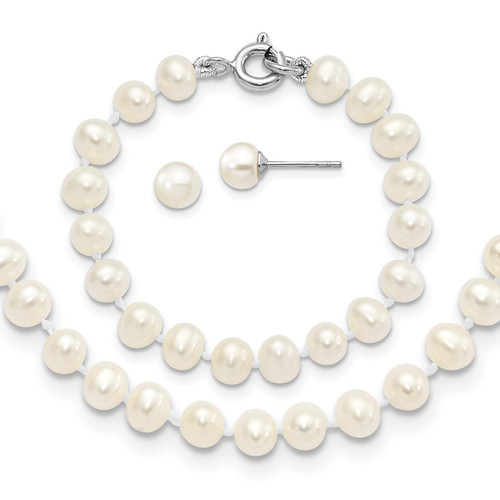 Sterling Silver Madi K Rhodium-plated 5-6mm Semi-round Freshwater Cultured Pearl 12in Necklace, 4in Bracelet & Stud Earrring Set