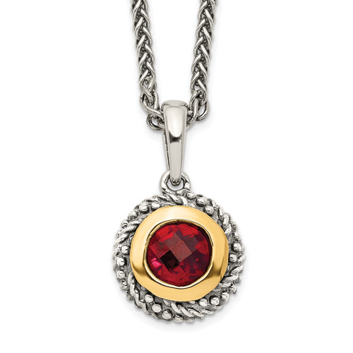 Shey Couture Sterling Silver with 14K Accent 18 Inch Antiqued Checkerboard Round Bezel Garnet Necklace