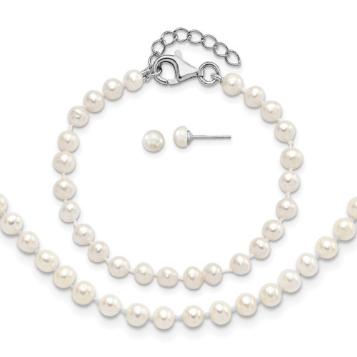 Sterling Silver Rhodium-plated Polished 4-5mm Semi-round Freshwater Cultured Pearl 14in Necklace with  1in Ext., 5in Bracelet & Earring Set