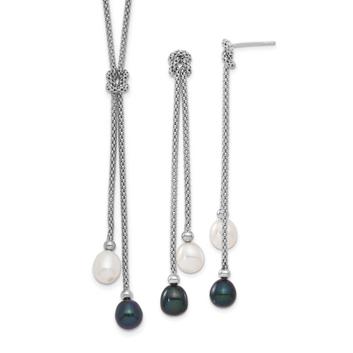 Sterling Silver Rhodium-plated FWC Pearl Knot 18 in. Neck/Earring Set