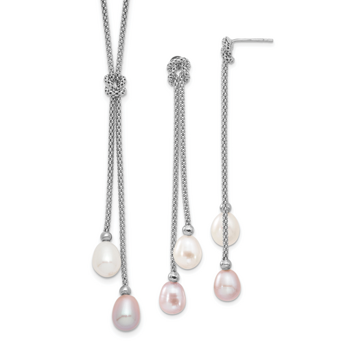 Sterling Silver Rhodium FWC Pearl Knot 18 in. Necklace/Earring Set