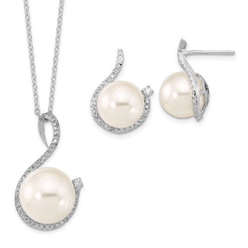 Majestik Sterling Silver Rhodium-plated 10-12mm White Imitation Shell Pearl and Cubic Zirconia Earrings and Spring Ring Clasp 17 inch Necklace Set