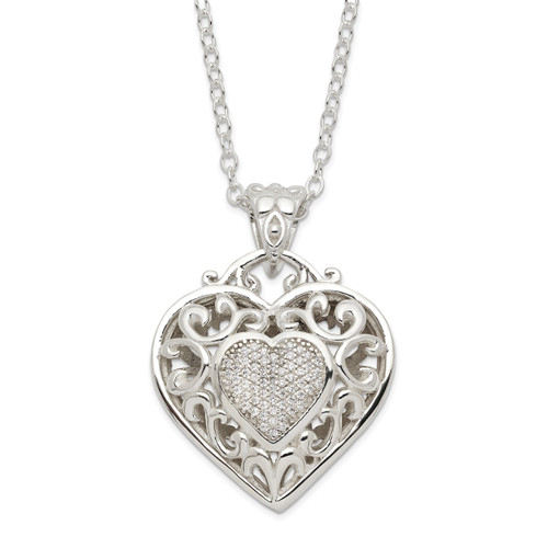 Sterling Silver Rhodium-plated Polished Cubic Zirconia Heart Necklace