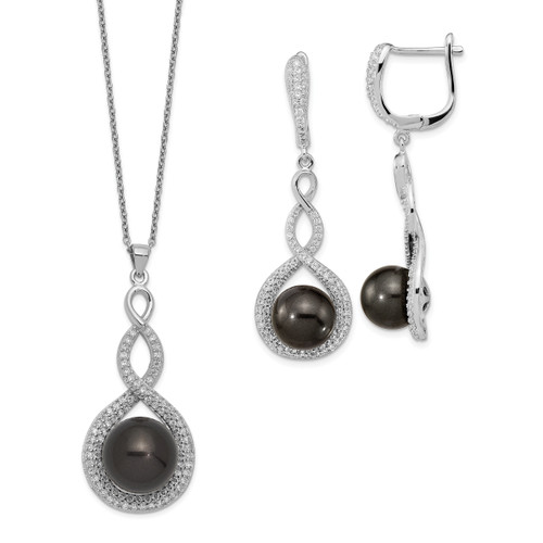 Majestik Sterling Silver Rhodium-plated 10-12mm Black Imitation Shell Pearl and Cubic Zirconia Earrings and Spring Ring Clasp 17 inch Necklace Set