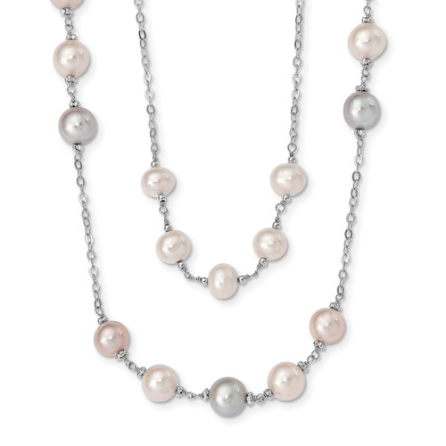 Sterling Silver Rhd-plt 2 row 7-8 and 8-9mm Wht/Pnk/Prpl FWC Pearl Necklace