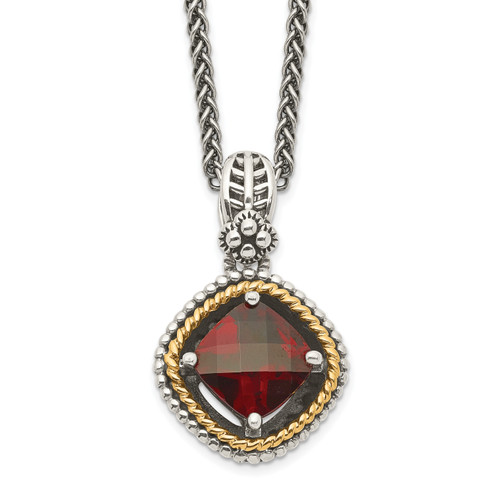 Shey Couture Sterling Silver with 14K Accent 18 Inch Antiqued Checkerboard Cushion Garnet Necklace