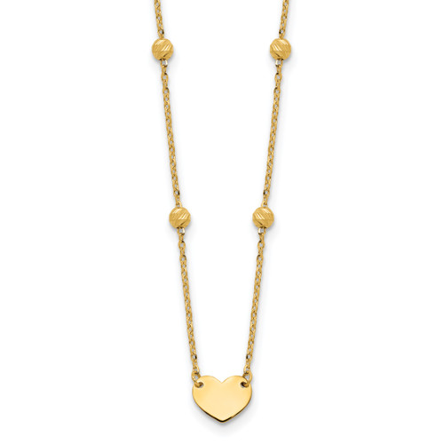 14K Polished and Diamond-cut Heart and Beads Plus 2in ext. Necklace
