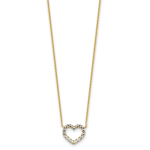 Herco 14K with Rhodium Polished/Diamond-cut Heart with  2in Ext. Necklace