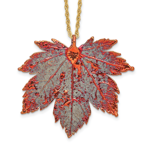 Iridescent Copper Dipped Real Full Moon Maple Leaf with 20 inch Gold-tone Necklace