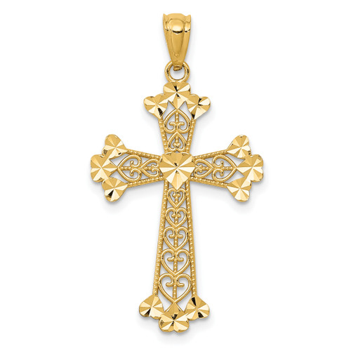 14K Gold  Diamond-cut Polished Filigree Hearts Cross Pendant