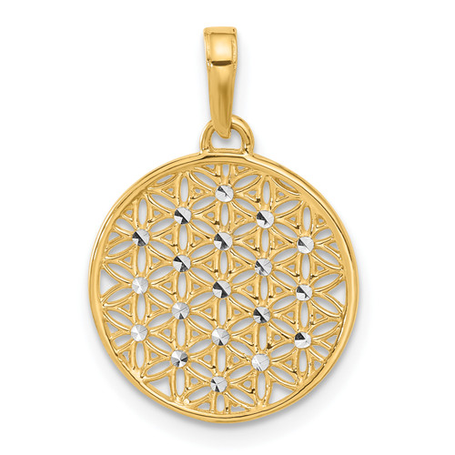 14K Gold  and Rhodium Polished and D/C Flower Circle Pendant