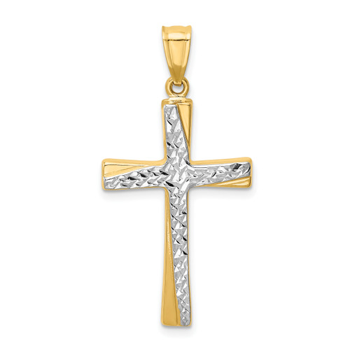 14K Gold  w/Rhodium Diamond-cut Cross Pendant