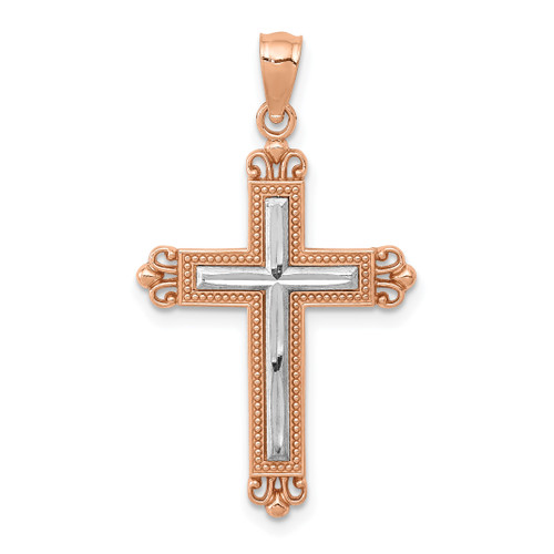 14K Gold  Rose Gold w/Rhodium Diamond-Cut Cross Pendant