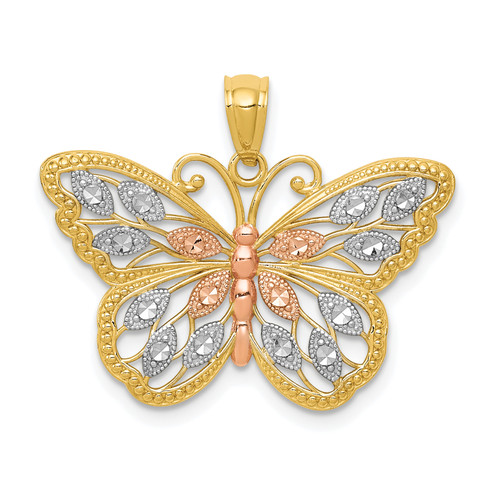 14K Gold  w/White and Rose Rhodium Diamond-cut Butterfly Pendant