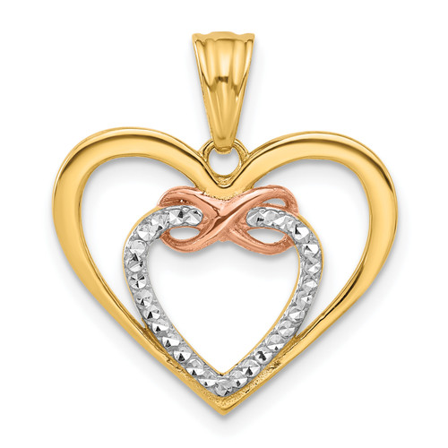 14K Gold  Two-tone and White Rhodium Diamond-cut Infinity Hearts Pendant