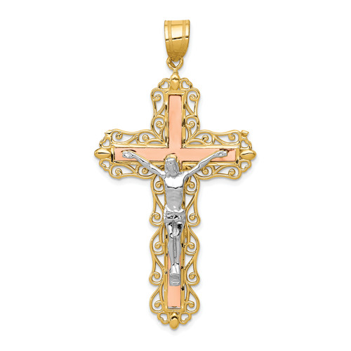 14K Gold  Tri-color Diamond-cut Crucifix Pendant