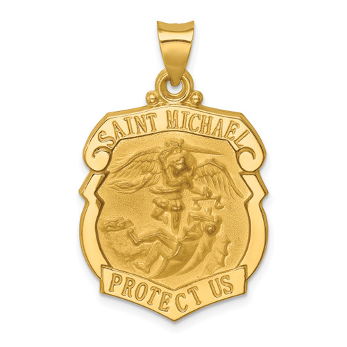 14K Gold  Polished and Satin St. Michael Badge Medal Hollow Pendant