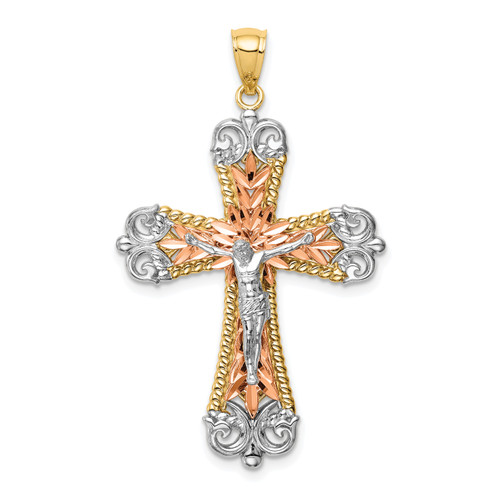 14K Gold  Tri-Color w/Rhodium Crucifix Pendant