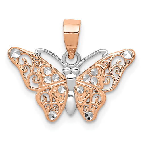 14k Rose Gold with Rhodium Diamond-cut Butterfly Pendant