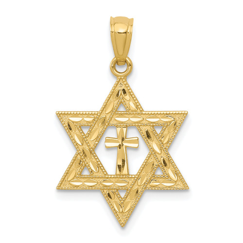 14KT Gold  Diamond-cut Star of David with Cross Pendant C3740