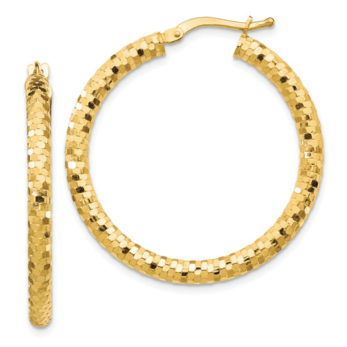 10KT Gold  3x32mm Diamond-cut Hoop Earrings 10PRE930