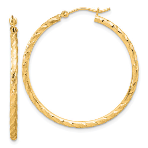 10KT Gold  Polished and Satin Diamond Cut  2.00mm Hoop Earrings 10PRE778