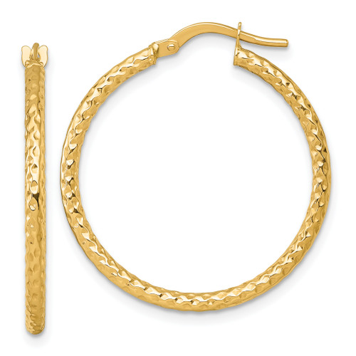 14KT Gold  Polished Diamond-cut Textured 2.00 x 28mm Tube Hoop Earrings TF2528W