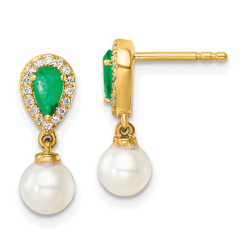 14KT Gold  Polished Diamond Pearl and Emerald Dangle Post Earrings 14HRC127Y