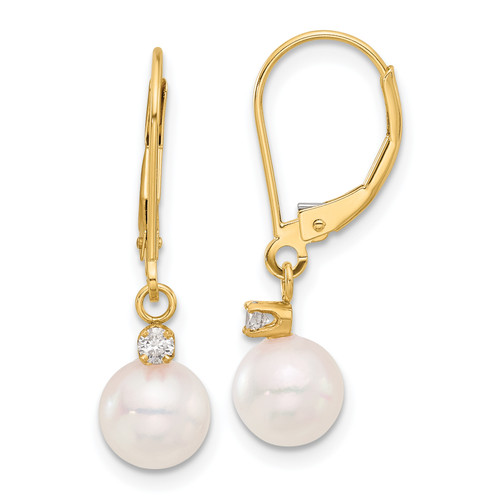 14KT Gold  7-8mm White Round Akoya Saltwater Cultured Pearl and .10 Carat Diamond Dangle Leverback Earrings YE2225