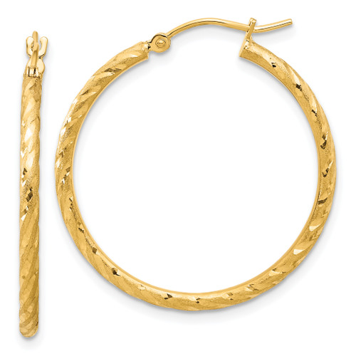 14KT Gold  Polished and Satin Diamond Cut  2.00mm Hoop Earrings TC1046