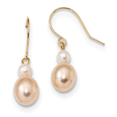 14k 7-8mm White/Pink Round/Rice FW Cultured Pearl Dangle Earrings